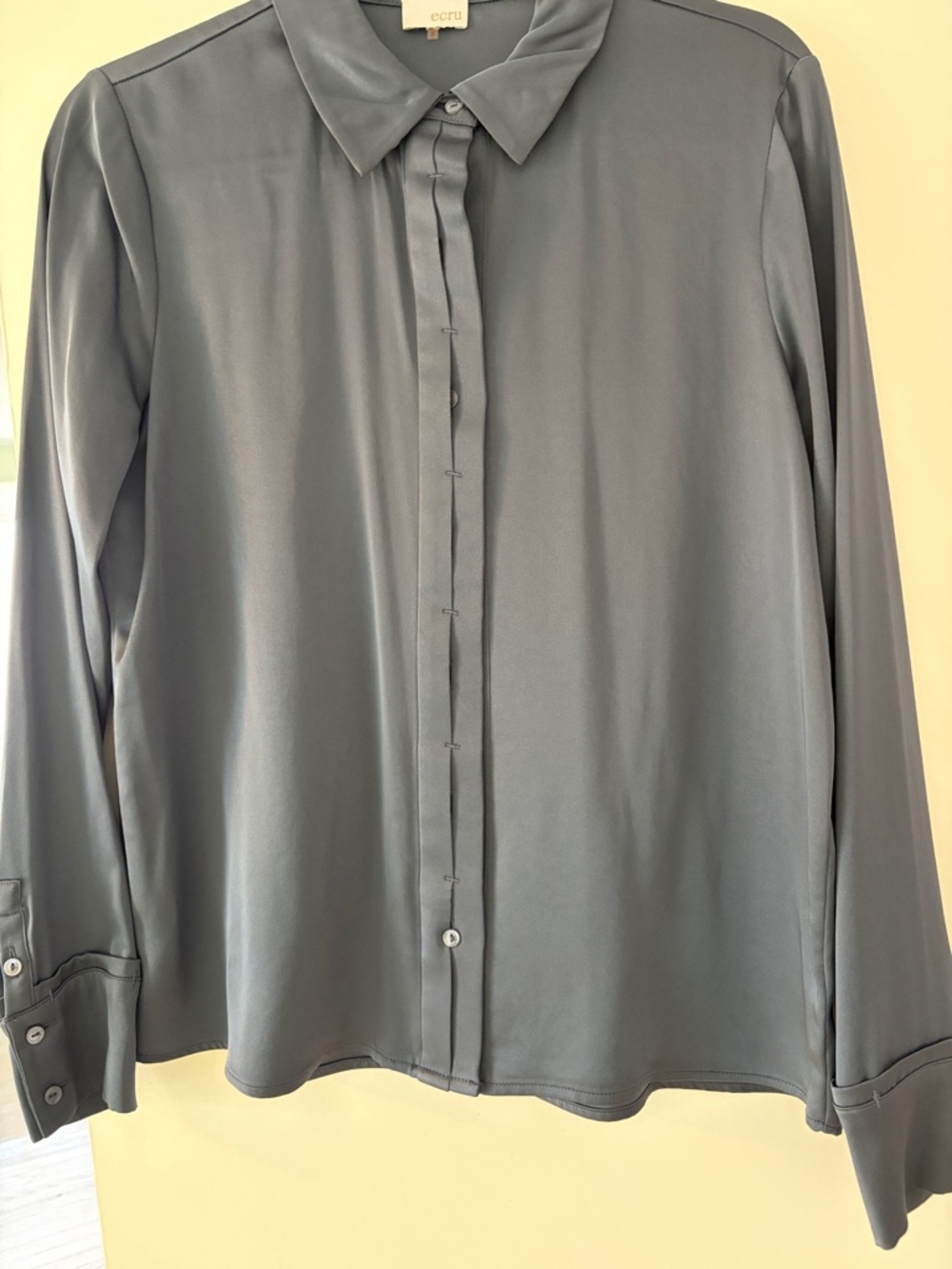 ecru Slate Blue Long-Sleeve Button Front Blouse